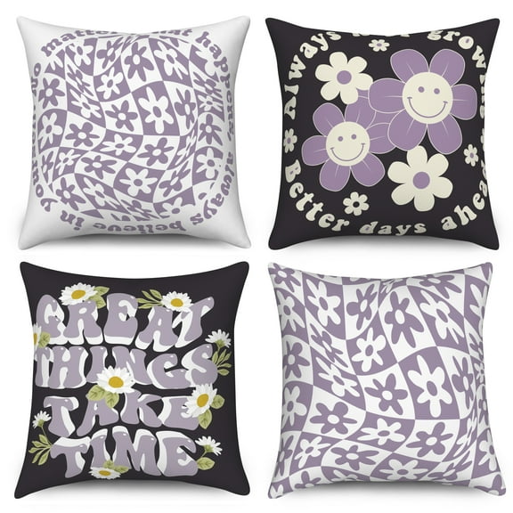 Dashan Daisy Floral Pillow Covers 18x18 Set of 4,Purple Decorative Pillow Cases for Bed Couch Living Room