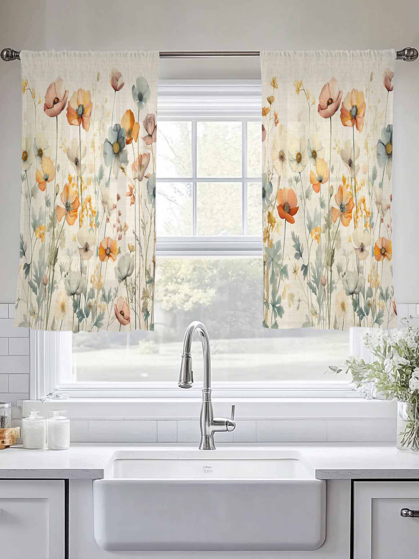 Vintage Flowers Sheer Curtains 45 inches Long 2 Panels Set Watercolor Floral Leaves Linen Tiers Sheers Rod Pocket Small Window Short Curtains for Kitchen Cafe, Each 52" W x 45" L