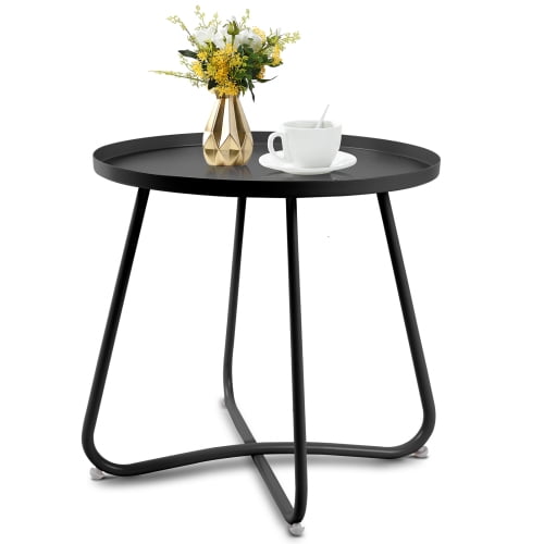 Round Metal Side Table – Modern Small End Table for Indoor/Outdoor Use, Coffee Tea Snack Table for Living Room, Bedroom, Balcony, Garden, Patio, Porch, Black