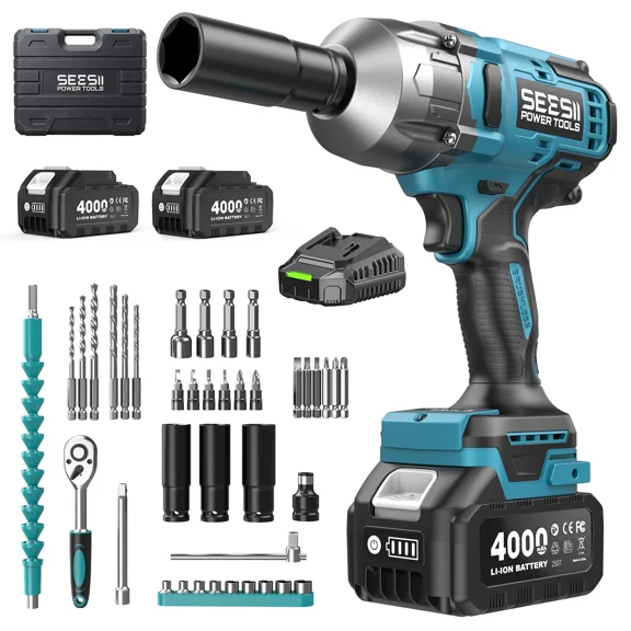 Seesii Cordless Impact Wrench 1/2" 1032Ft-lbs (1400N.m) Electric Impact Gun Brushless Driver 2x4000mah Battery & Charger