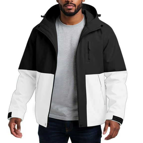 WTOBBY Men's Detachable Hood Outdoor Jacket, Water-Resistant Windbreaker with Zippered Pockets, Hiking Camping Gear for All Weather Conditions,Black L