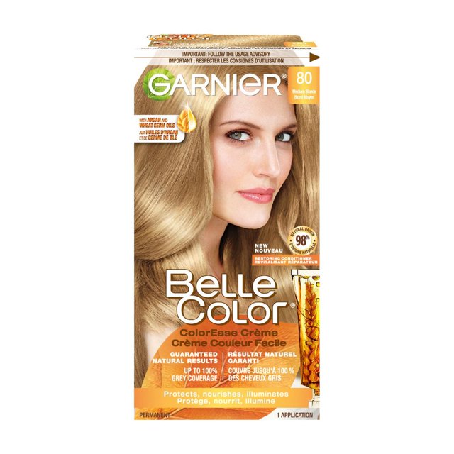 Garnier Belle Color Permanent Hair Dye, 80 Medium Blonde, 100% Grey Coverage, Enriched with Argan Oil and Wheat Germ Oils - 1 Application