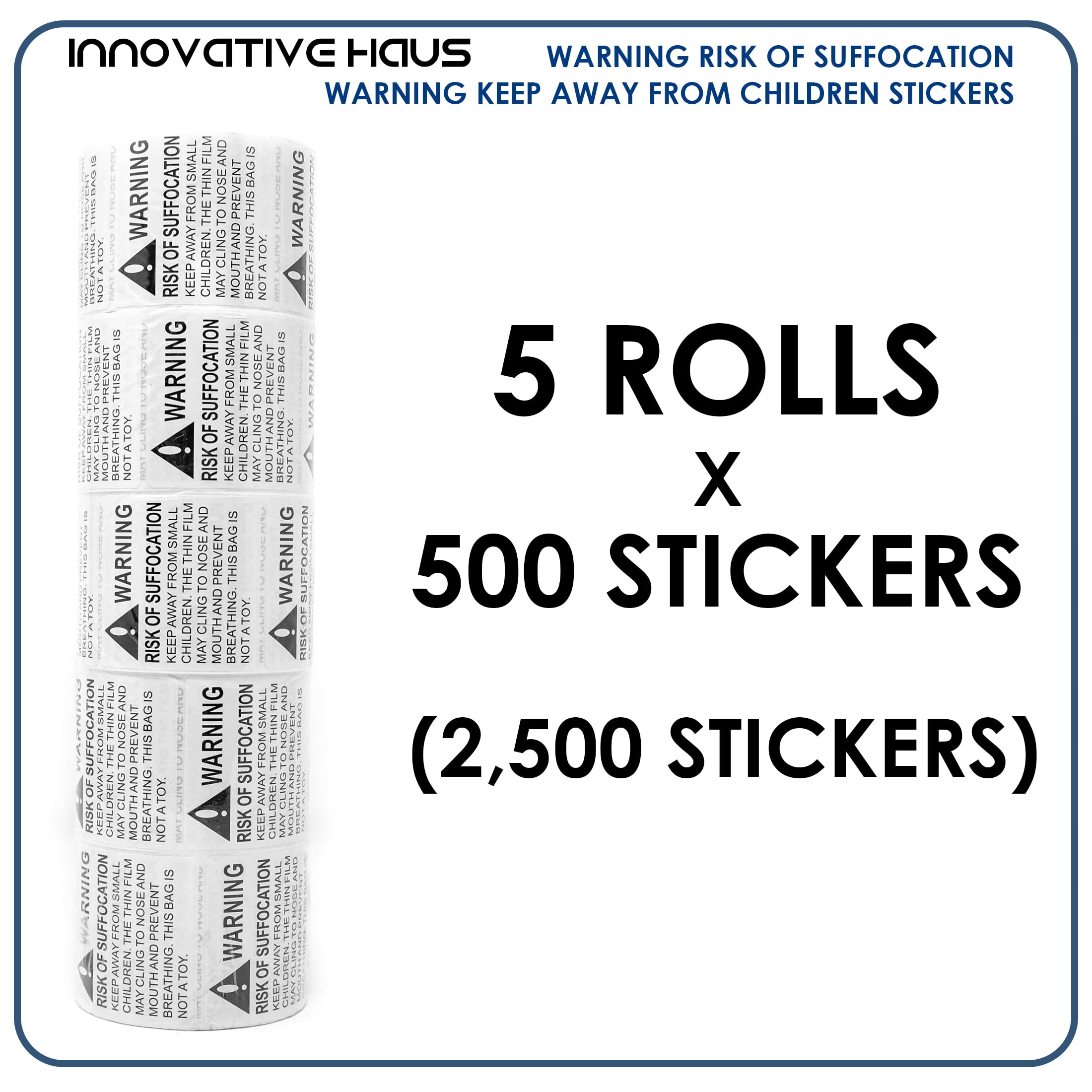 2" by 2" 500 ct White and Black "Warning" Suffocation Hazard Labels Stickers