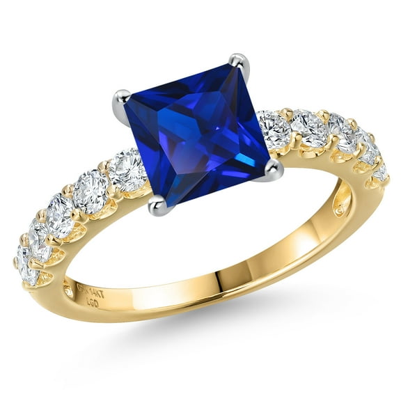 Gem Stone King 14K Two Tone Gold Blue Created Sapphire and Lab Grown Diamond Engagement Ring for Women | 2.85 Cttw | Princess 7MM | Gemstone September Birthstone | Size 8