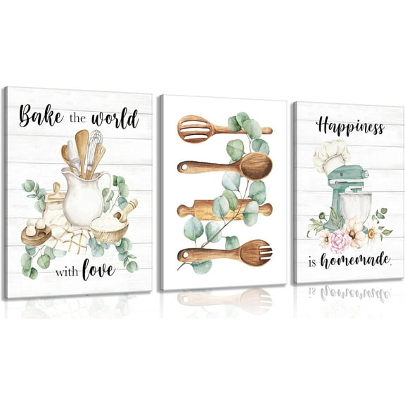 Farmhouse Kitchen Wall Art Dining Room Wall Decor Rustic Flowers Painting Eucalyptus Leaves Canvas Prints Retro Spatula Fork Spoon Tableware Mixer Poster Pictures for Kitchen Dining