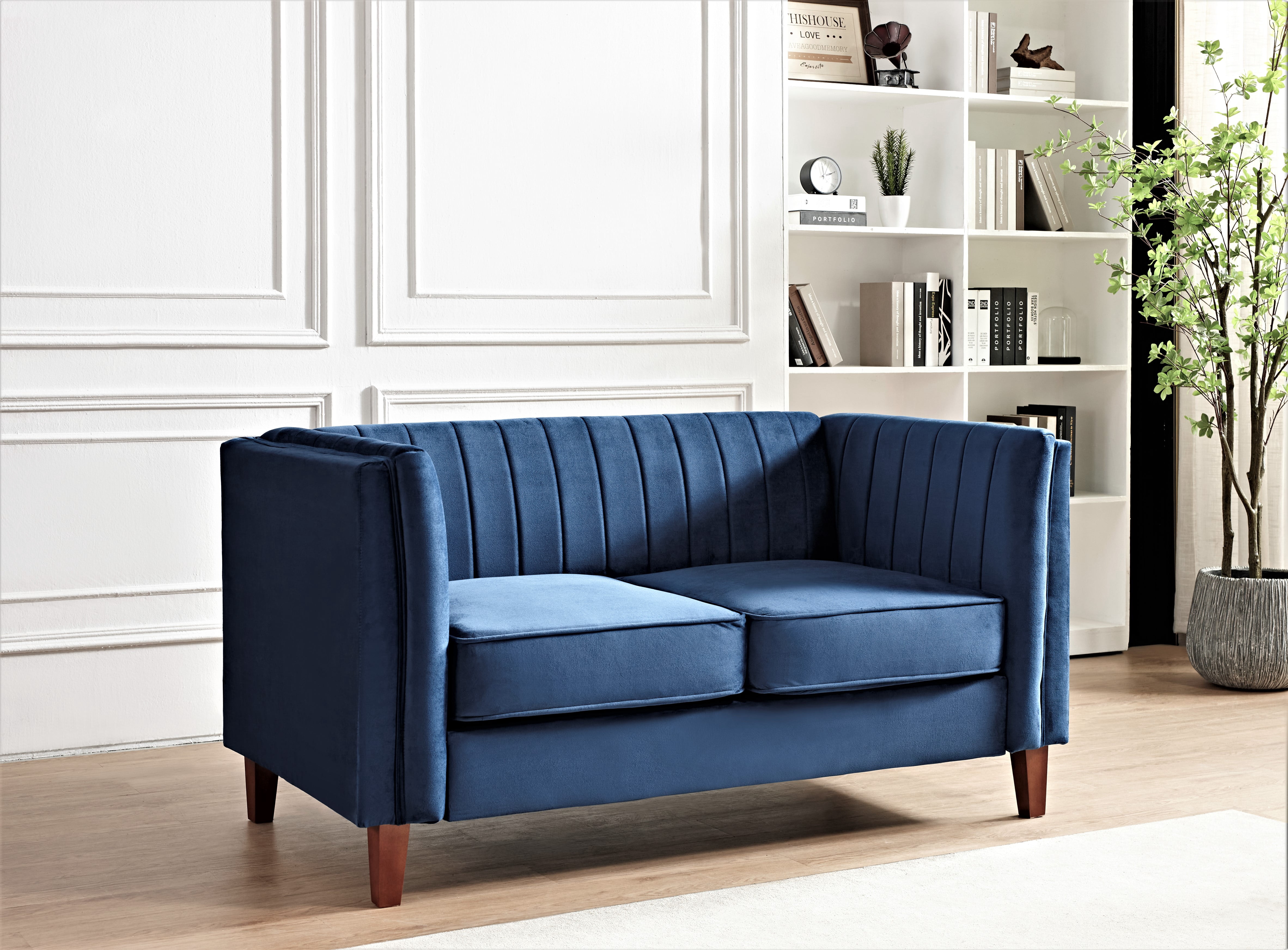 Uspridefurniture Plainfield Line Tufted Square Velvet Loveseat,Blue
