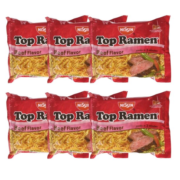 Nissin Top Ramen Instant Noodles Beef Flavor Noodle Soup 3oz. each (6