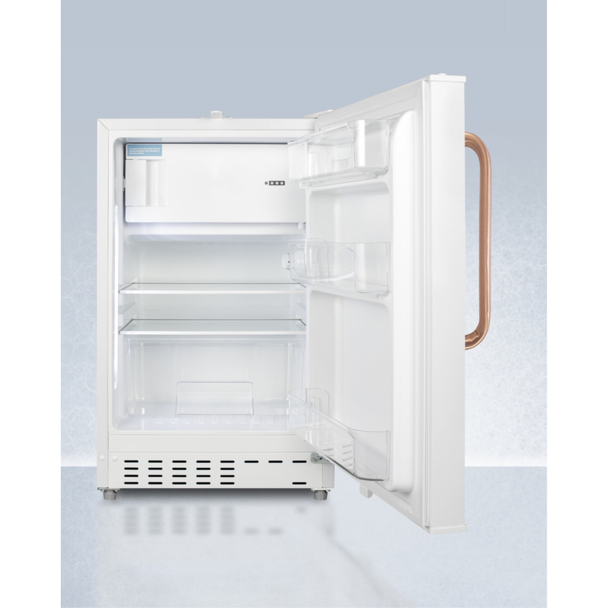 20" wide built-in undercounter ADA compliant refrigerator-freezer with a front lock and copper handle