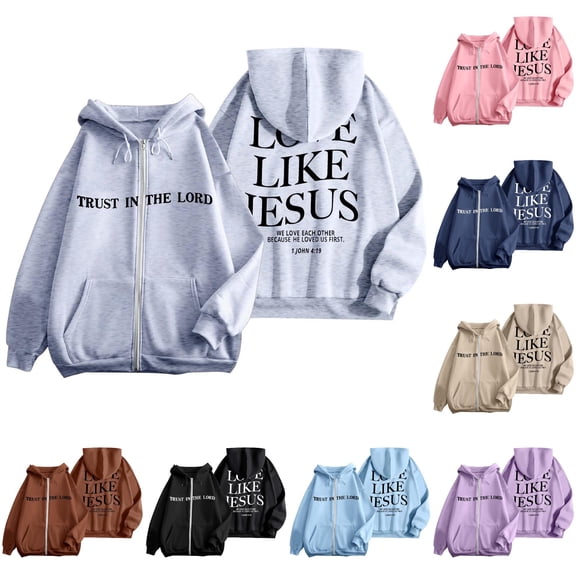DHFJKG Zip Up Hoodie Women Jesus Letter Printed Long Sleeve Pocket Drawstring Sweatshirts Casual Sports Track Jackets