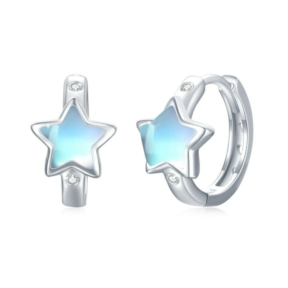 Cuoka Star Earrings Hoop Earrings 925 Sterling Silver Moonstone Small Hoops for Women Wife Mom 18K White Gold Plated Hypoallergenic Jewelry Birthday Xmas Gift for Sensitive Ears