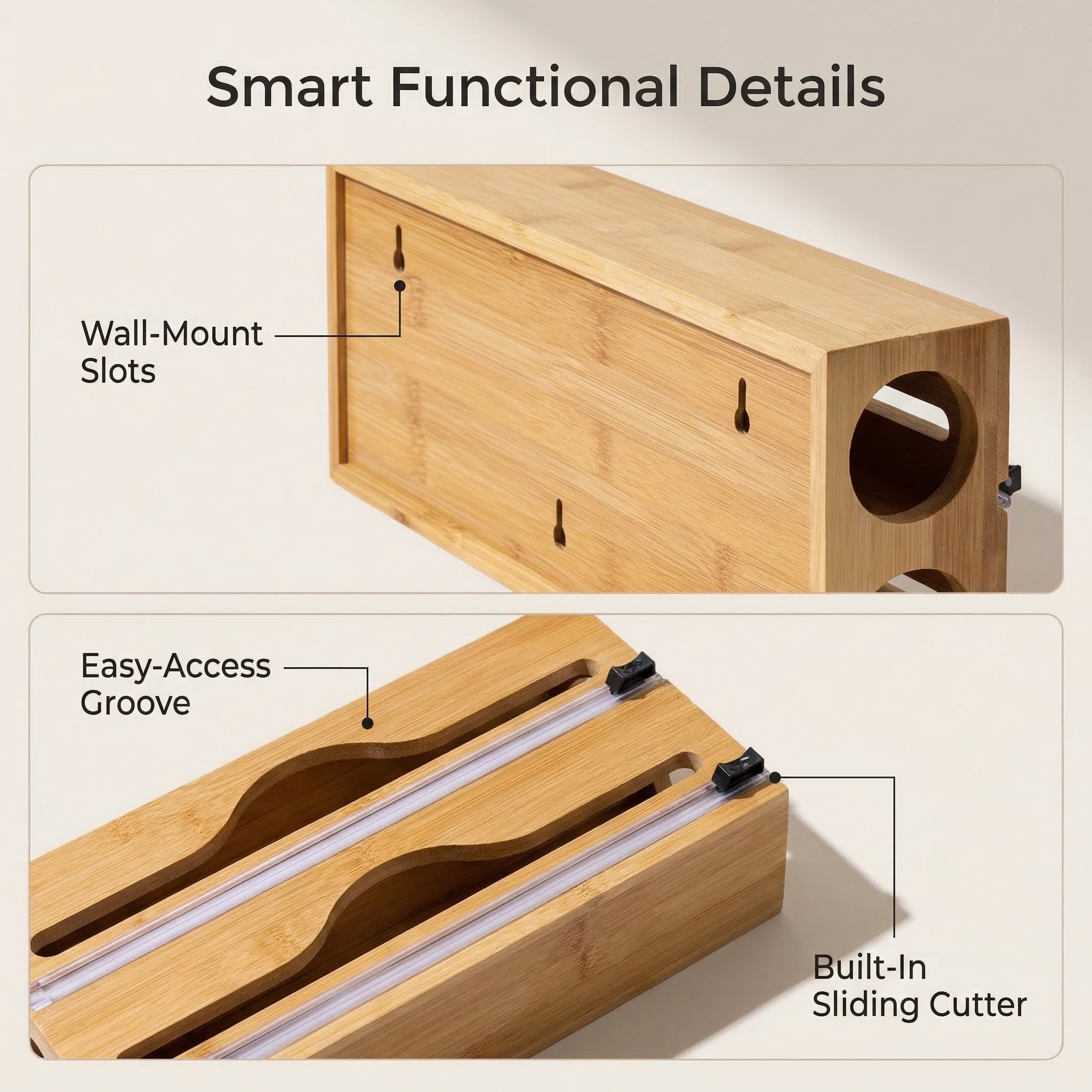 CNDRLEF 3-in-1 Bamboo Wrap Organizer with Sliding Cutters, Wall Mount or Drawer Kitchen Wrap Storage for Plastic Wrap, Aluminum Foil & Parchment Paper, Fits Up to 12.5" Rolls, Natural