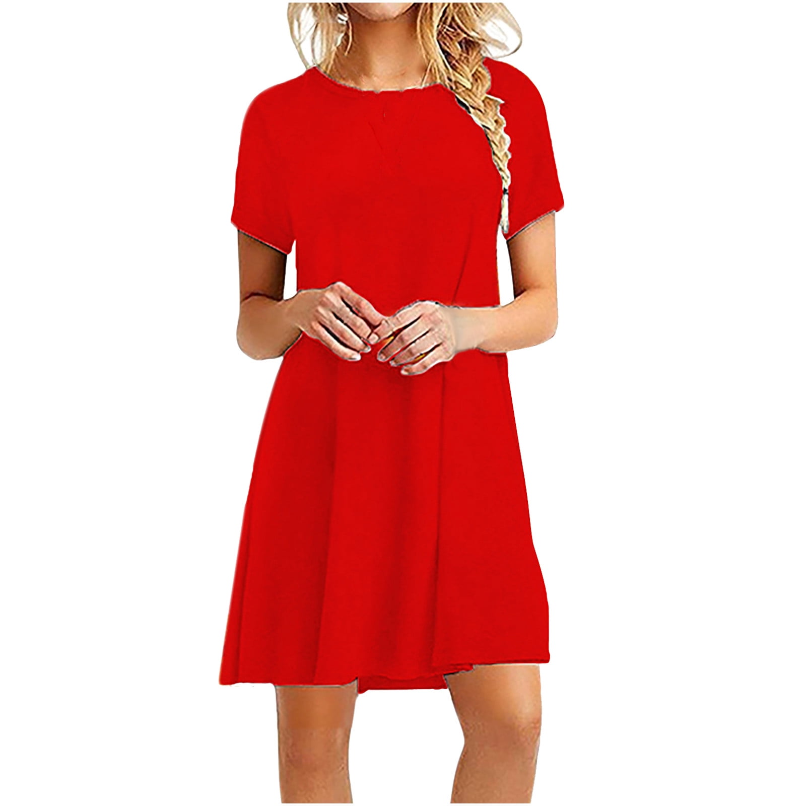 Willow S Womens Valentines Day Fashion O-Neck Ladies Solid Color Buttons Casual Mini Dress T-Shirts Tops Blouse 