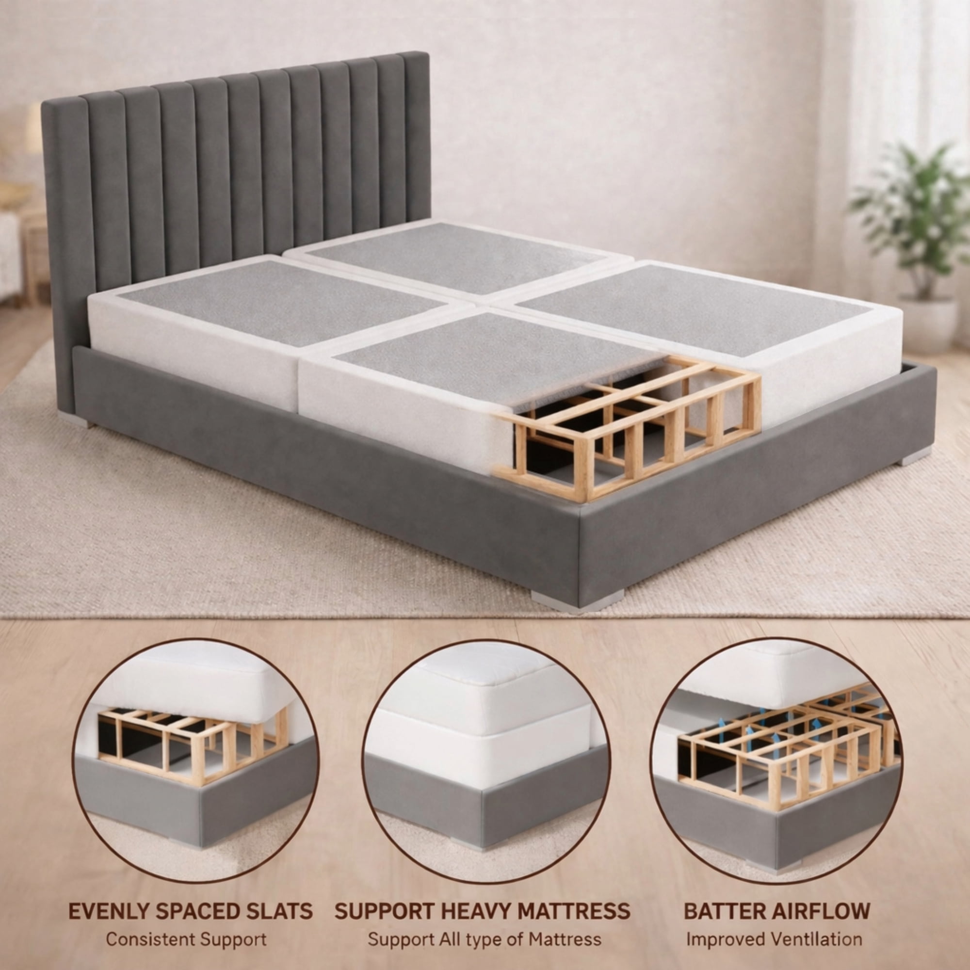 Continental Sleep, Box Spring Bed Base King(Fold) Size, 4-Inch Wood Mattress Foundation, Quiet Noise Free, 4-Pieces Under Mattress Support BoxSpring, Fully Assembled, White