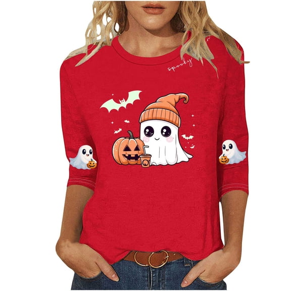 Ozmmyan Plus Size Womens Halloween 3/4 Sleeve T-Shirt Cute Ghost Pumpkin Graphic Print Crewneck Lightweight Casual Fall Top