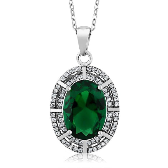 Gem Stone King 925 Sterling Silver Green Simulated Emerald Pendant Necklace for Women (6.94 Cttw, Oval 14X10MM, Gemstone Birthstone, with 18 inch Silver Chain)