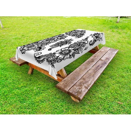 Henna Outdoor Tablecloth, Hand Drawn Style Vintage Mehndi Compositions Blossoming Flowers Retro Fun Design, Decorative Washable Fabric Picnic Table Cloth, 58 X 84 Inches,Black White, by