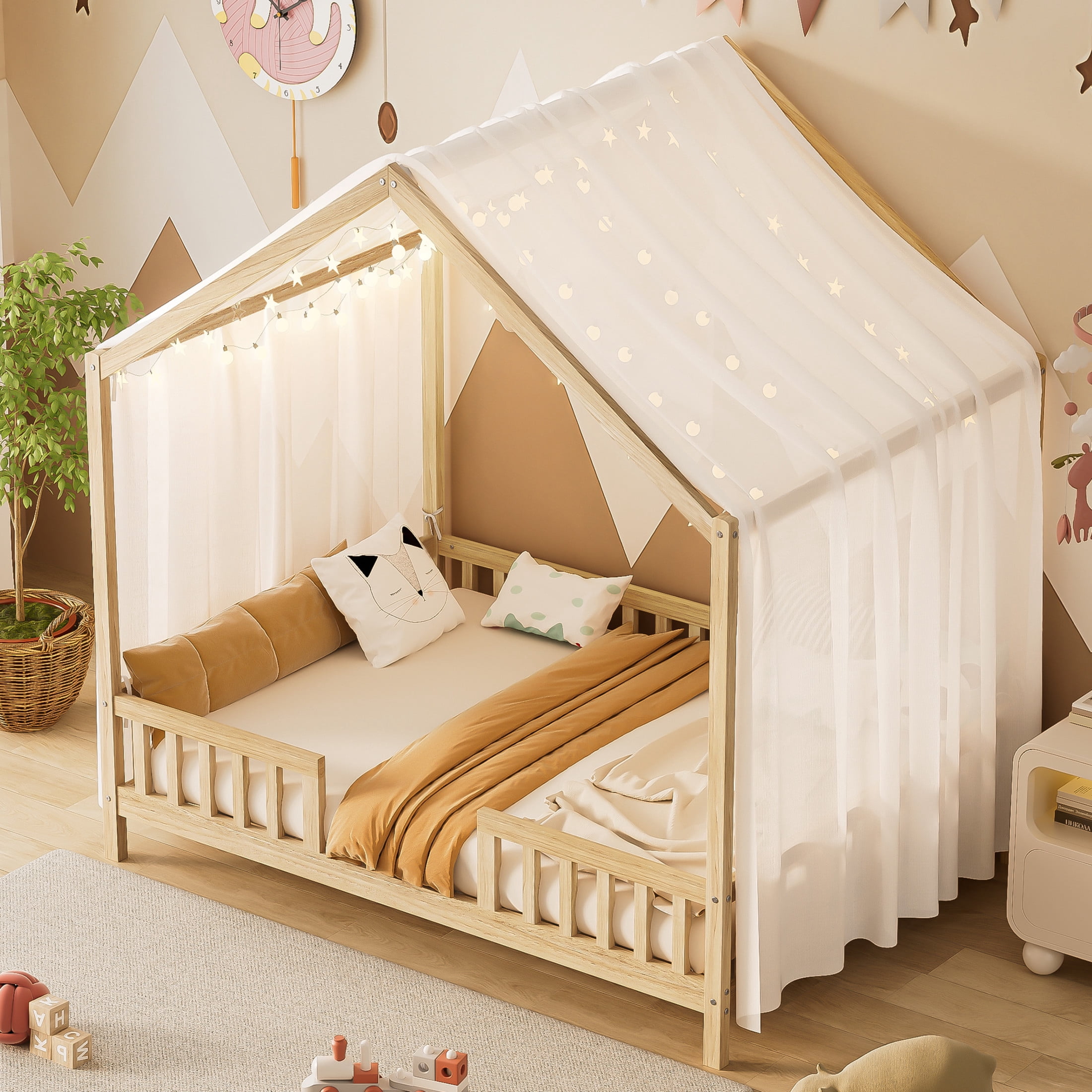 Noble House Full Floor Bed with Canopy and Guardrails, Wood House Bed Frame for Kids, Natural