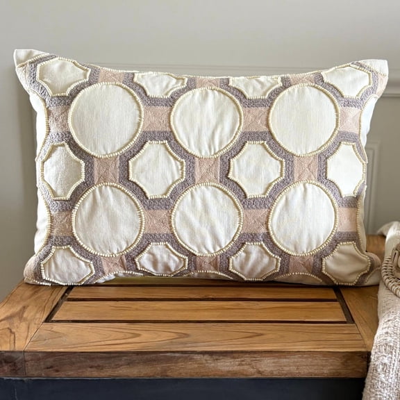 The HomeCentric Luxury Lumbar Pillow Cover Ivory 12"x18" (30x45 cm) Cotton Linen Embroidery, Handmade, Pearl Oblong Pillow Cover, Geometric Contemporary Style - Penina