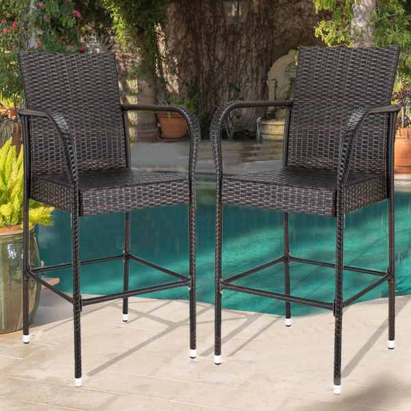 Wicker Bar Stools Set of 2, Upgraded Outdoor Patio Furniture Wicker Bar Stool Chairs, Bar Stool Rattan Chair with Iron Frame, Armrest, Footrest, Counter Chairs for Garden Pool Lawn Backyard, W2105 - image 3 of 11