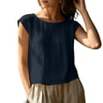 thumbnail image 3 of VBVC Women's Linen Blend Cap Sleeve Top , Ladies' Crew Neck Button Back Blouse , Loose Fit Summer Shirt For Women,Navy,S-2XL, 3 of 10