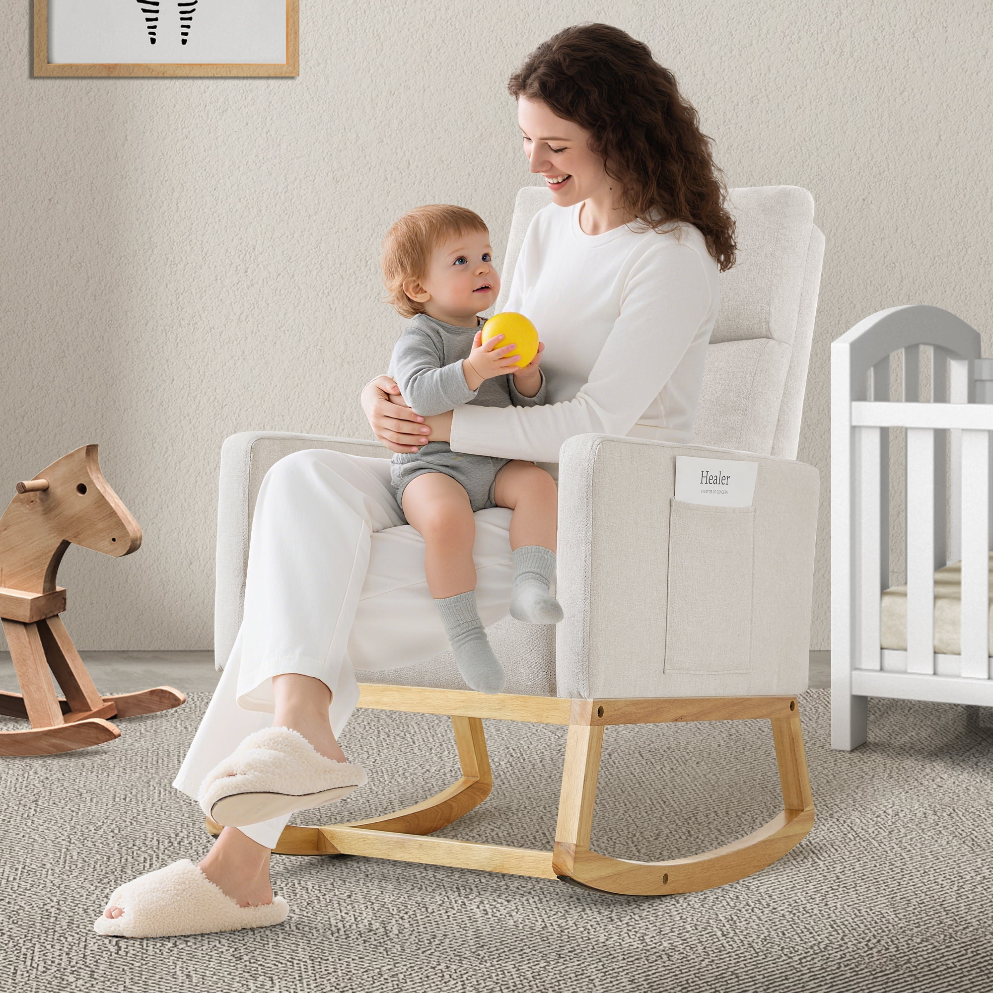 SAETSFEG Rocking Chair Nursery, Comfortable Upholstered Glider Rocker Chairs Indoor for Adults, Mid-Century Modern Nursing Accent Rockers for Living Room, Bedroom, Ivory