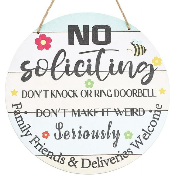 1 pc No Soliciting Round Wood Wall Hanging Sign Bee Sign for Front Door Decor Wooden Plaque Rustic Wall Decor with Jute Twine for Outdoor Indoor Farmhouse Porch Holiday 11.8Inch