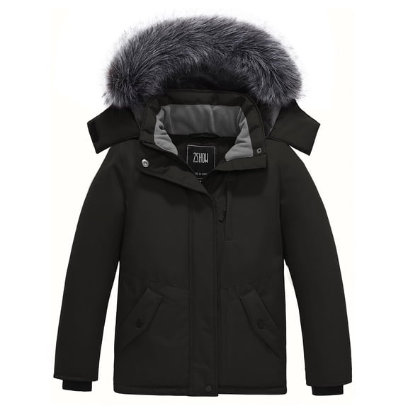 ZSHOW Girl's Puffer Jacket Warm Winter Coat Windproof Outerwear Jacket with Hood Black 10/12