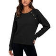thumbnail image 4 of CQONEPT Women Raglan Long Sleeve Sweater Fall Winter Waffle Knit Comfy Casual Blouse Trendy Crewneck Button Trim Pullover Tops Black L, 4 of 6
