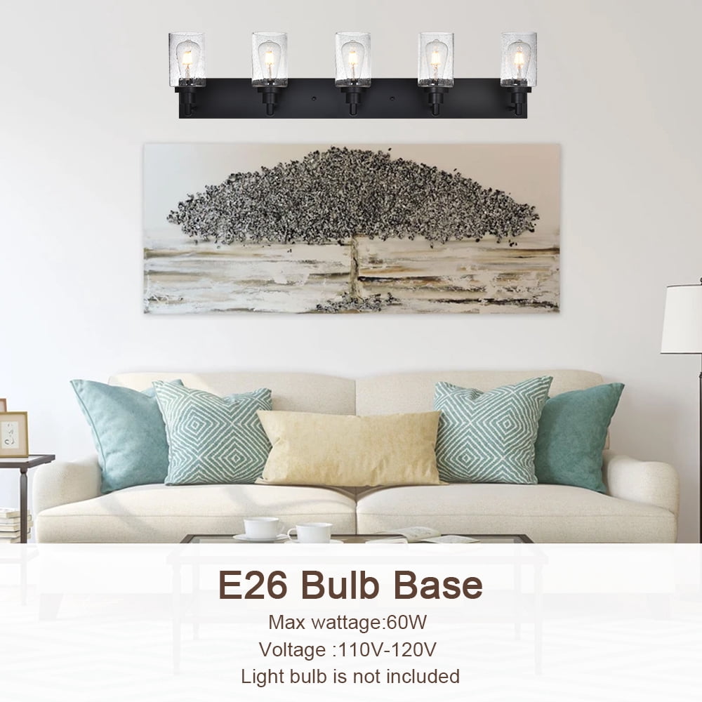 MELUCEE 5-Light Farmhouse Bathroom Light Fixtures Black Finish with Seeded Glass Shade