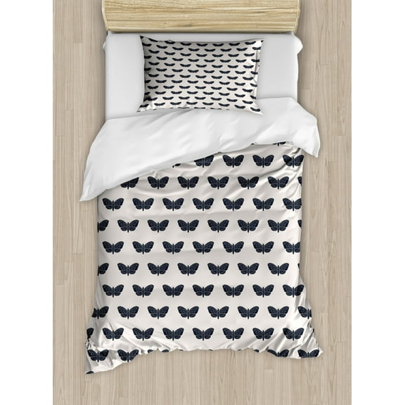 Death Moth Duvet Cover Set Twin Size, Hawk Moth Pattern Butterfly Conservation Miraculous Animals Print, Decorative 2 Piece Bedding Set with 1 Pillow Sham, Dark Blue Grey Coconut, by Ambesonne