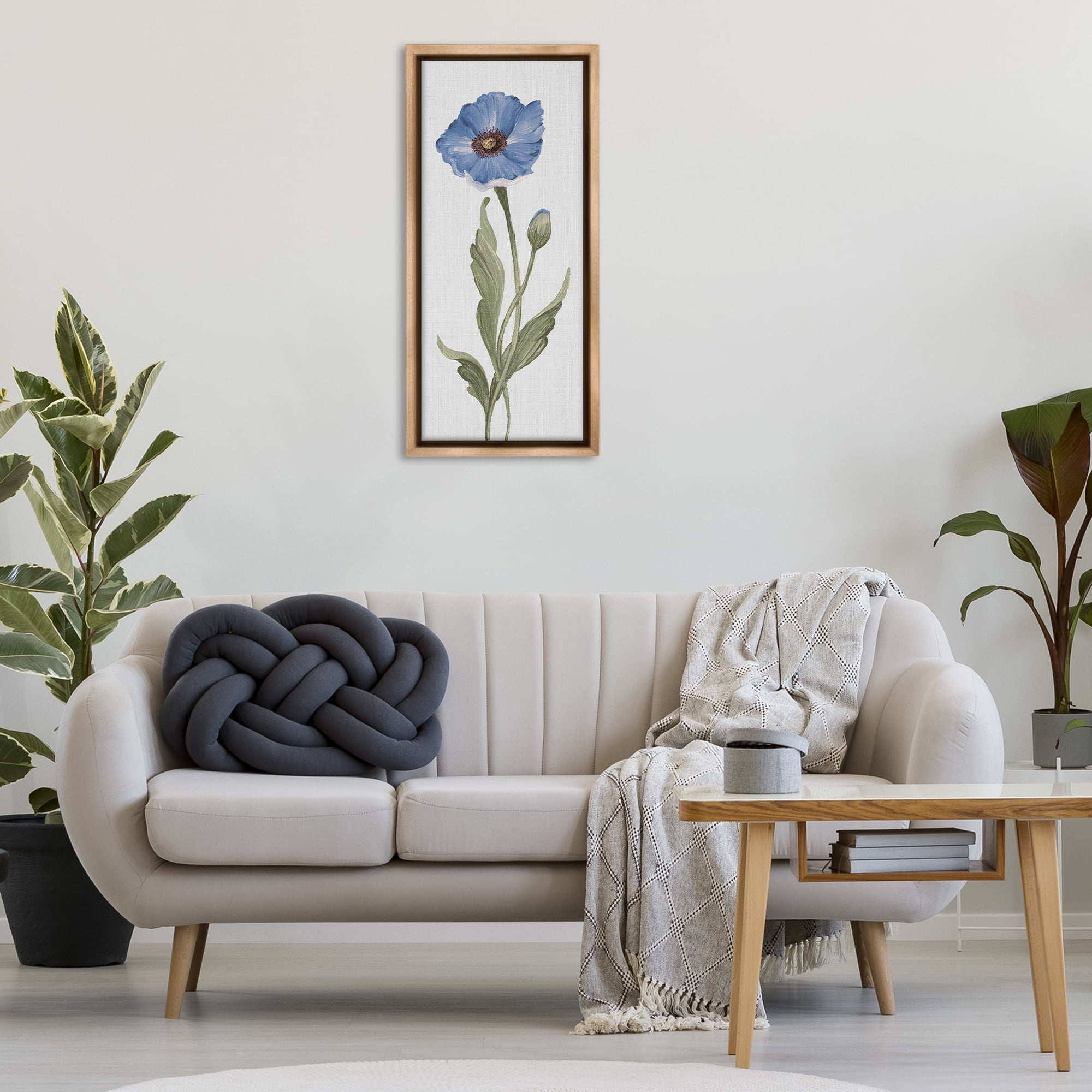 Stupell Industries Blooming Blue Poppy Botanical & Floral Painting Brown Floater Framed Art Print Wall Art, 15 x 31