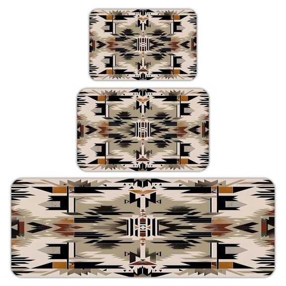RKSupls Kitchen Rug Set 3 Piece Anti-Slip Flannel Floor Mats, Southwest Tribal Geometric Washable Absorbent Runner Mats for Kitchen Bathroom Home Decor