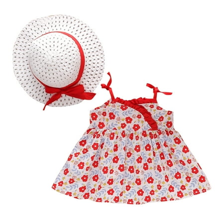 

BSDHBS Summer Dress for Girl Toddler Baby Girls Sleeveless Floral Printed Princess Suspender Dress+Hat