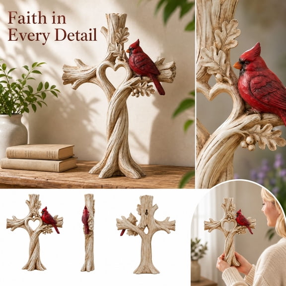 Cardinal Heart Tree Cross Memorial Ornament, Resin Tabletop Keepsake Decor, Wood-Look Finish for Shelf Mantel Christmas Gifting