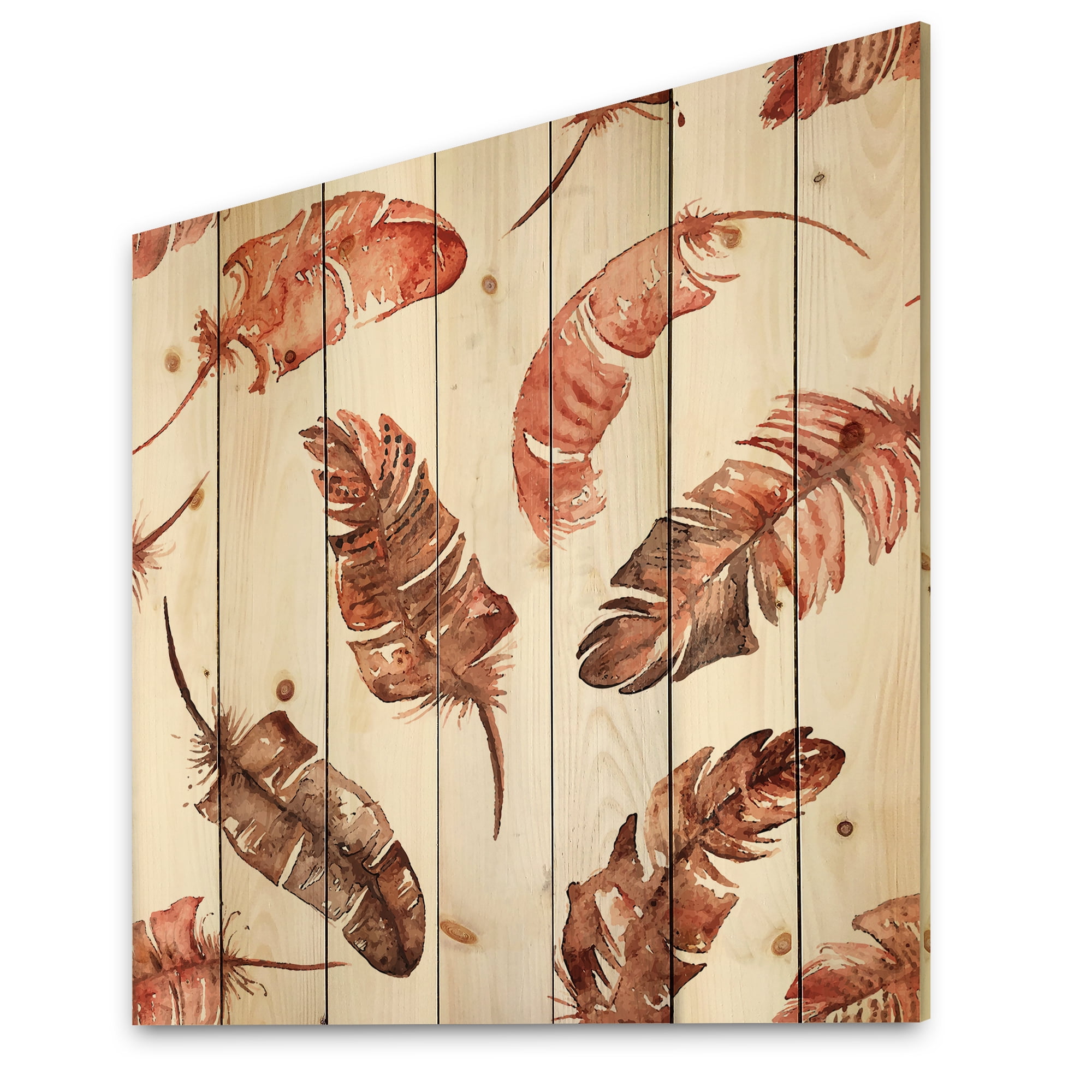 Designart 'Ethinic Orange Feathers On White' Bohemian & Eclectic Print on Natural Pine Wood