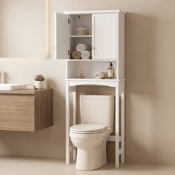 PAWON Over The Toilet Storage Cabinet with Double Doors and Adjustable Shelves, White