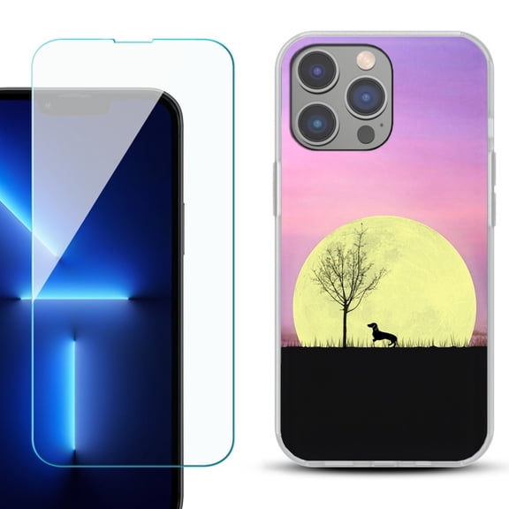 Slim-Fit Gel TPU Phone Case for iPhone 14 Pro Max, with Tempered Glass Screen Protector, by OneToughShield ® - Moonlight Dachshund