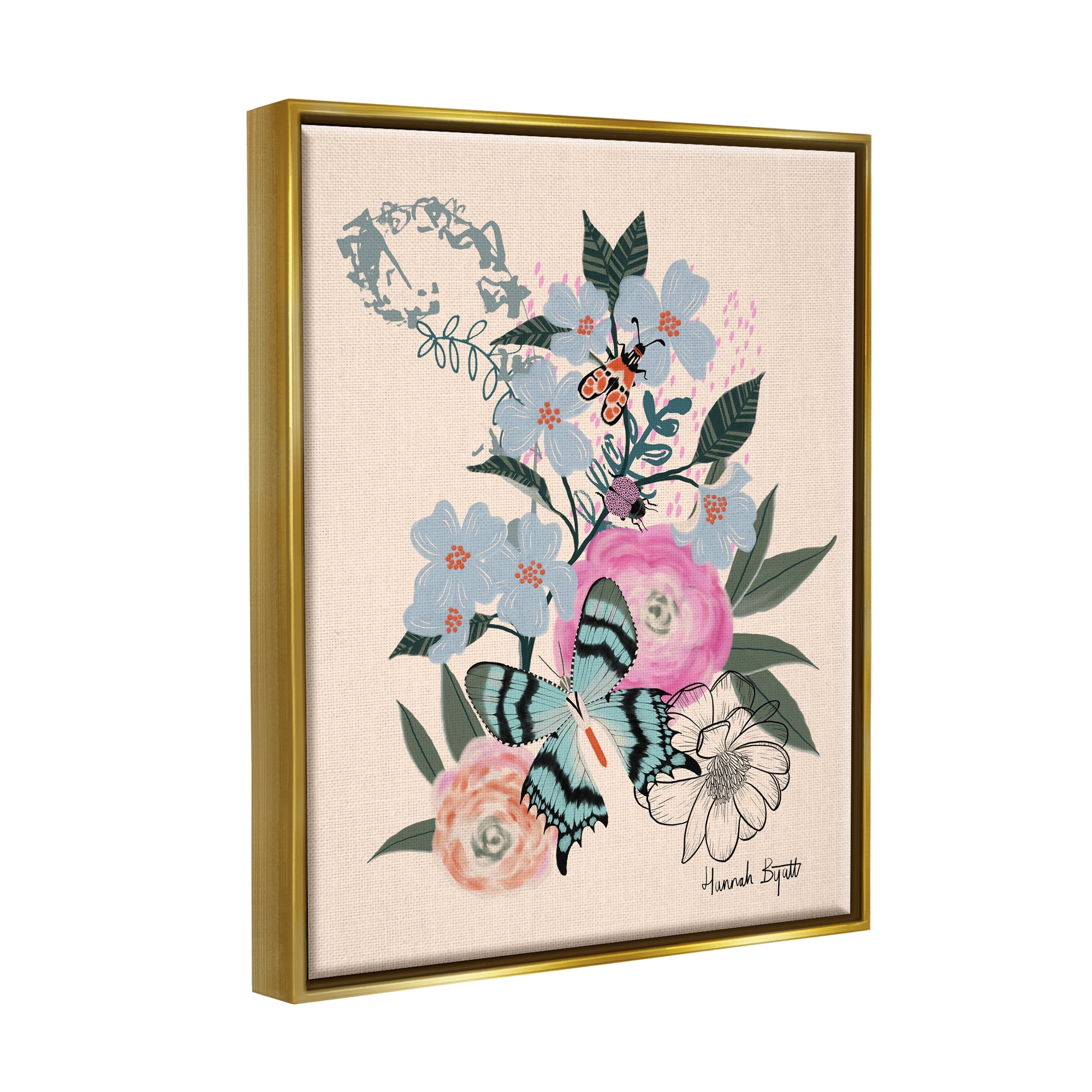 Stupell Industries Pastel Flowers & Butterfly Animals & Insects Painting Gold Floater Framed Art Print Wall Art, 25 x 31