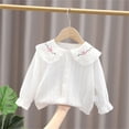 thumbnail image 3 of LNMQLPDBS Girls' Blouses & Button-Down Shirts Cute Floral Print Doll Collar Tops Ruffle Edge Long Sleeves White Button Up Toddler Girl Blouse F 4-5 Years, 3 of 3