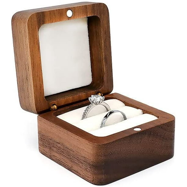 Caja de anillo de madera cuadrada para 2 anillos Joyero de almacenamiento Hecho a mano Compromiso Regalo de boda para mujeres Día de San Valentín