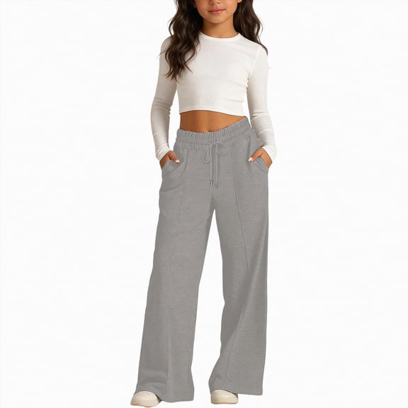 NIEWTR Girls Straight Leg Jogger Pants Baggy Fit Casual Lounge Sweatpants Elastic Waist with Pockets Comfortable Spring Pants(A01-Grey,6-8 Years)