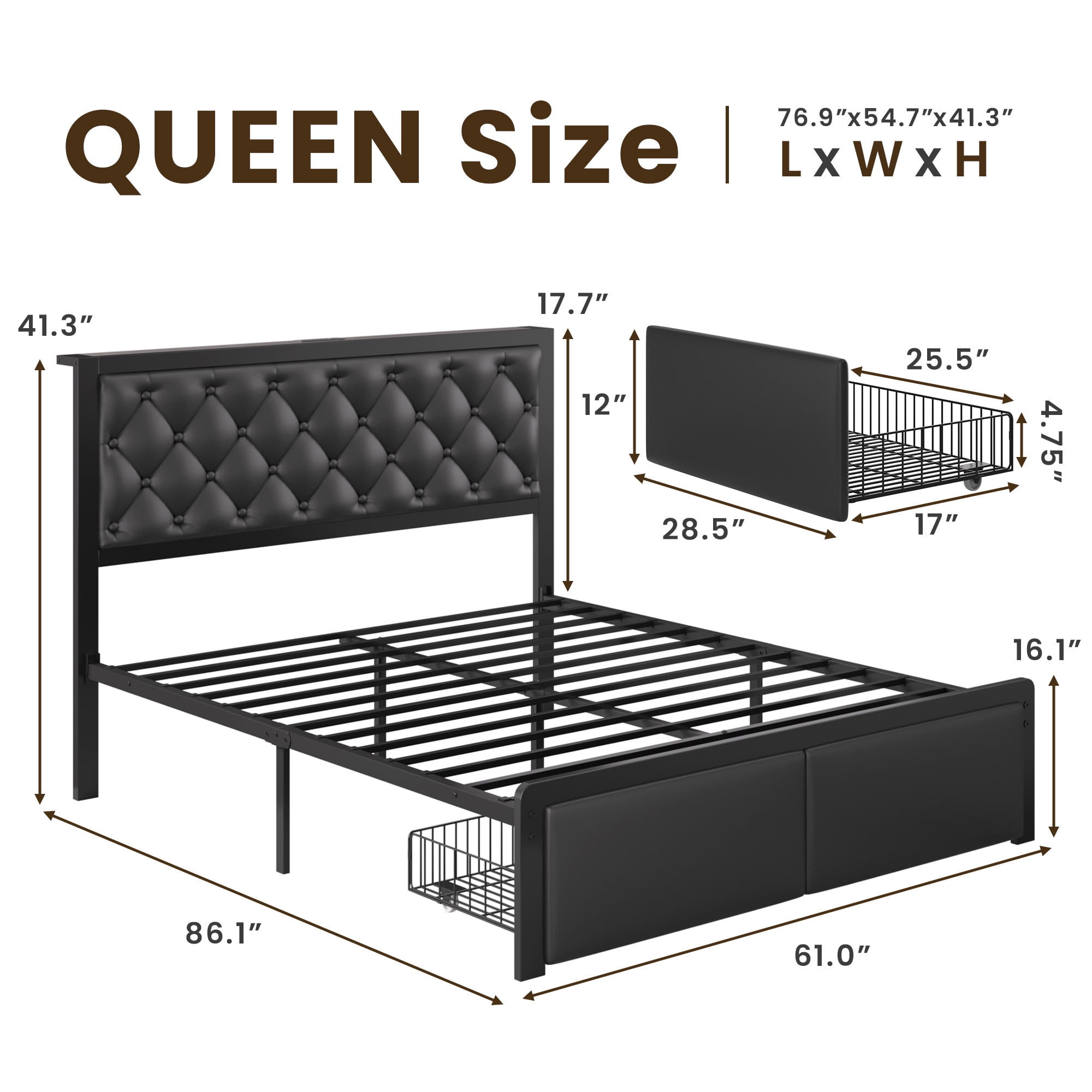 lifezone Bed Frame with Leather Upholstered Headboard, Lockable Storage, Queen Size, Black