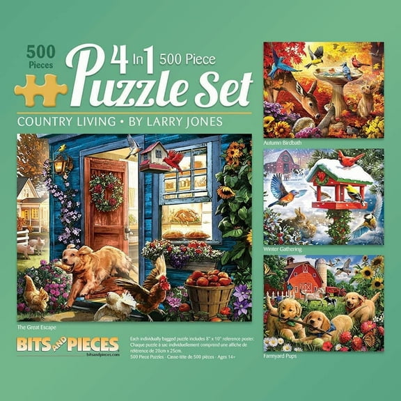 "Bits and Pieces Country Living 500-Piece Jigsaw Puzzles, 4-In-1 Multi-Pack by Larry Jones, 16"" x 20"""
