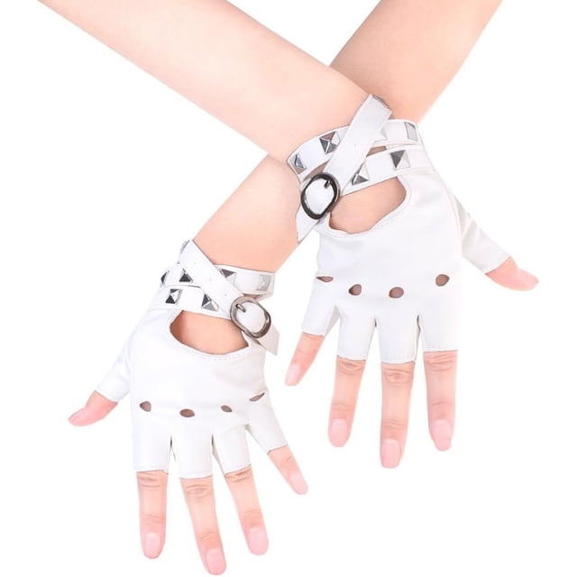 Guantes punk Vhermosa de cuero PU para mujer Manoplas con remaches Medio dedo