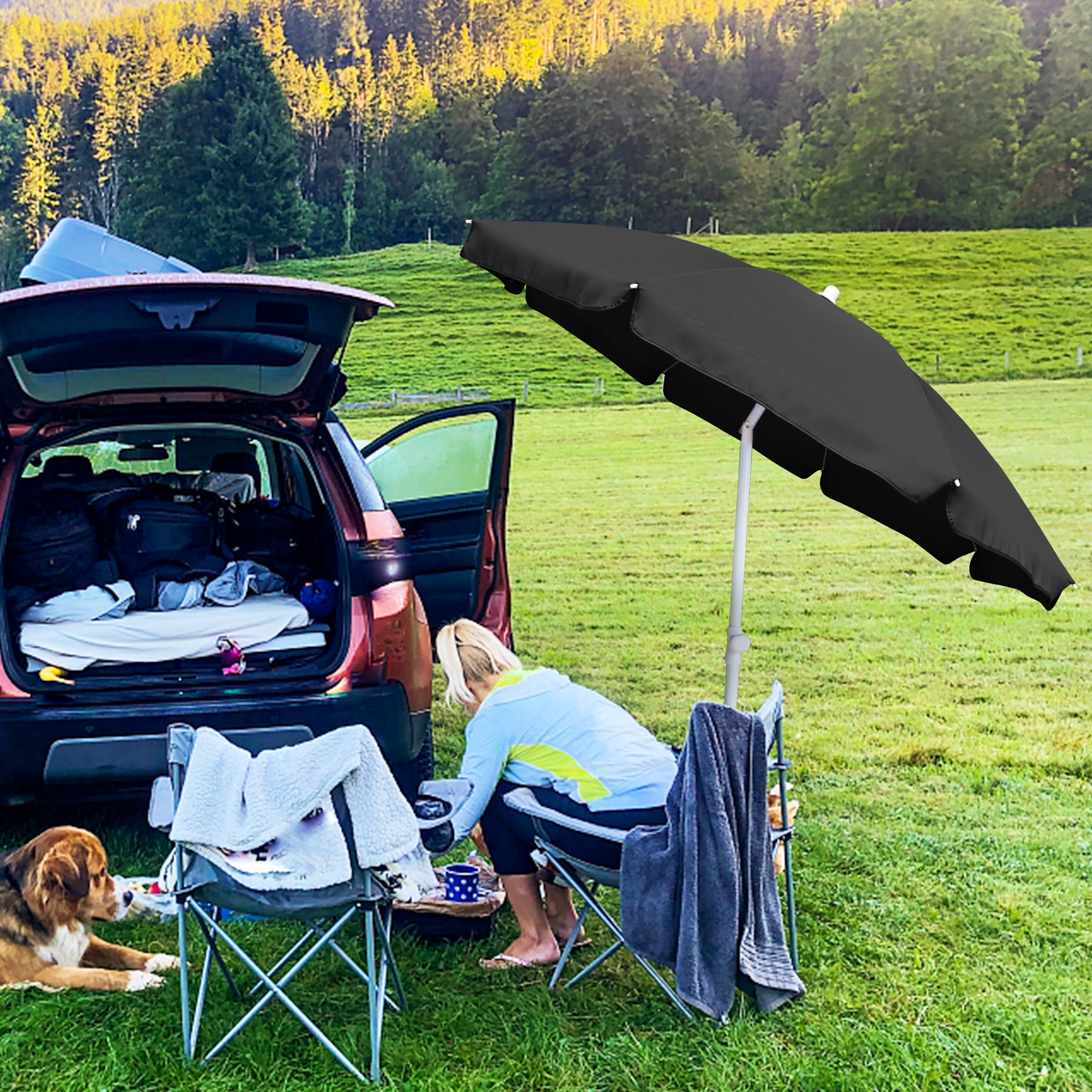 AMMSUN 6ft Black Round Outdoor Picnic Portable Market Patio Umbrella,Tilt Pole & Carry Bag