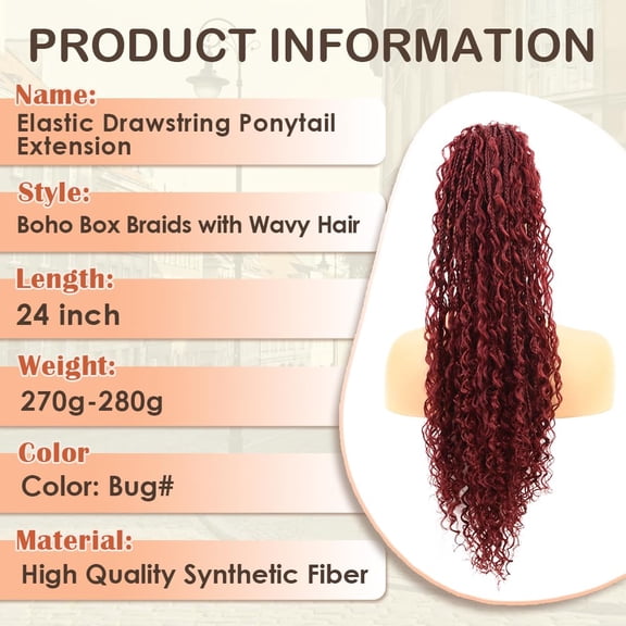 WEIF-Drawstring Ponytail for Women Boho Box Braids with Long Wavy Hair Ponytail Extension Synthetic Hair Extensions Ponytail for Daily Use (BUG#, 24 Inch)