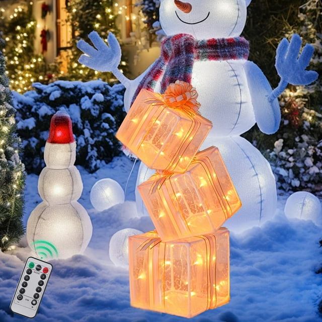 Ensemble de Boîtes Cadeaux Lumineuses de Noël / Décor LED Multicolore 3 Pcs / Boîtes Décoratives en PVC pour Intérieur et Extérieur / Télécommande / Lumières Blanc Chaud / Nœud Ruban Accent / 15.5cm 20.5cm 25.5cm