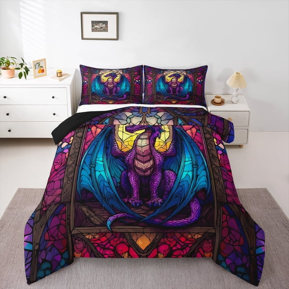 Castle Fairy Magical Dragon Bedding Comforter Set 2pcs for Boys Girls,Abstract Gradient Animal Twin Comforter Sets Microfiber,Ombre Starry Sky Breathable Bedding Set,Lightweight Room Decor