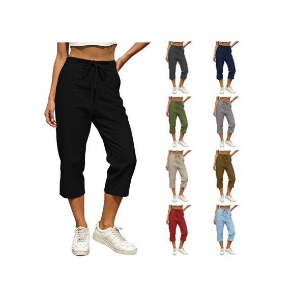 Women's Capris Pants Casual Wide Leg Cotton Linen Bermuda Short High Waisted Lightweight Loose Cropped Pant