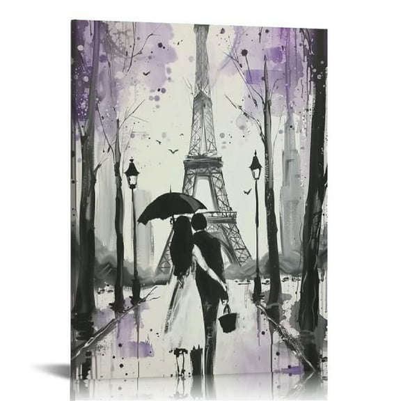 Creowell Abstract Paris Canvas Wall Art: Purple and Grey Room Decor for Teen Girls Black White Artwork Eiffel Tower Picture Print Painting Paris Decor for Bedroom Bathroom 16x20 in/12x16 in